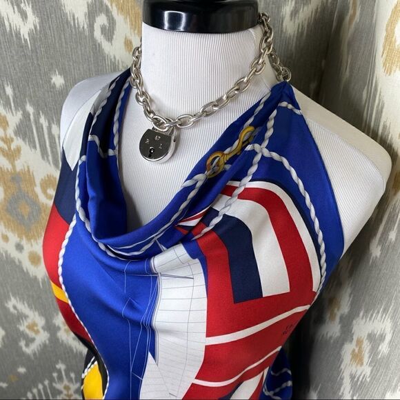 Ralph Lauren Multi Regatta Yacht Silk Scarf Silver Link Necklace Halter Top - Picture 8 of 16